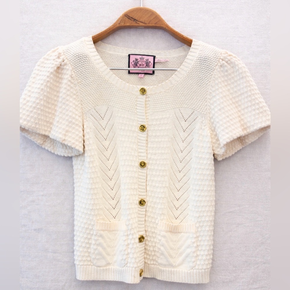 Juicy Couture Cream Silk Cotton Cardigan Short Sleeve Gold Button Knit Sweater